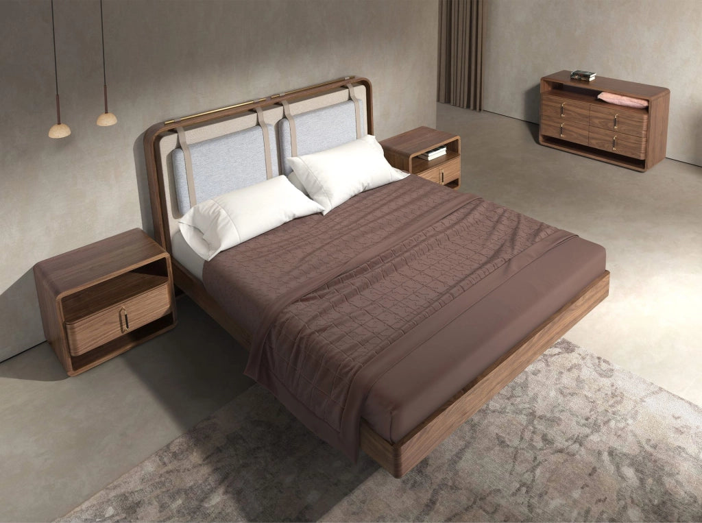 Letto in tessuto color beige e grigio