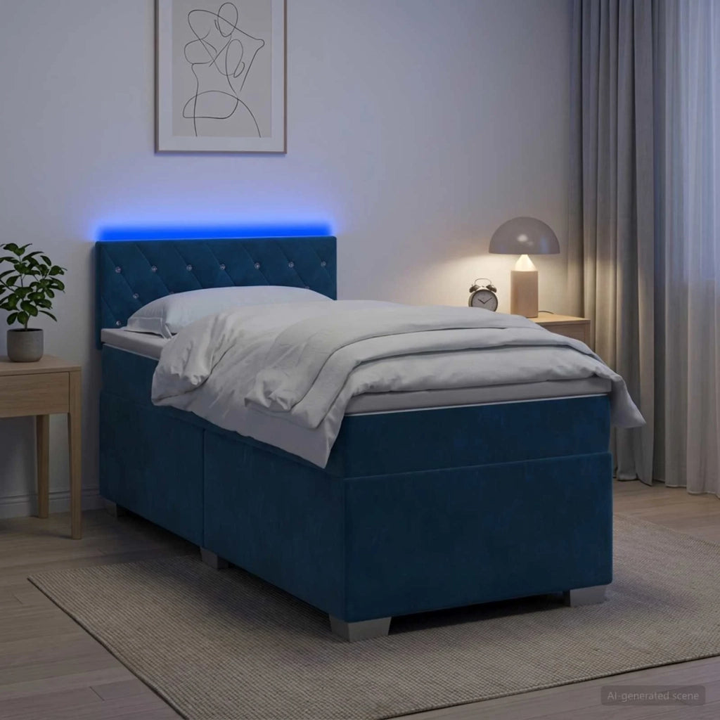Letto con Box Spring, Materasso e LED Blu 90 x 190 cm Velluto 3452082