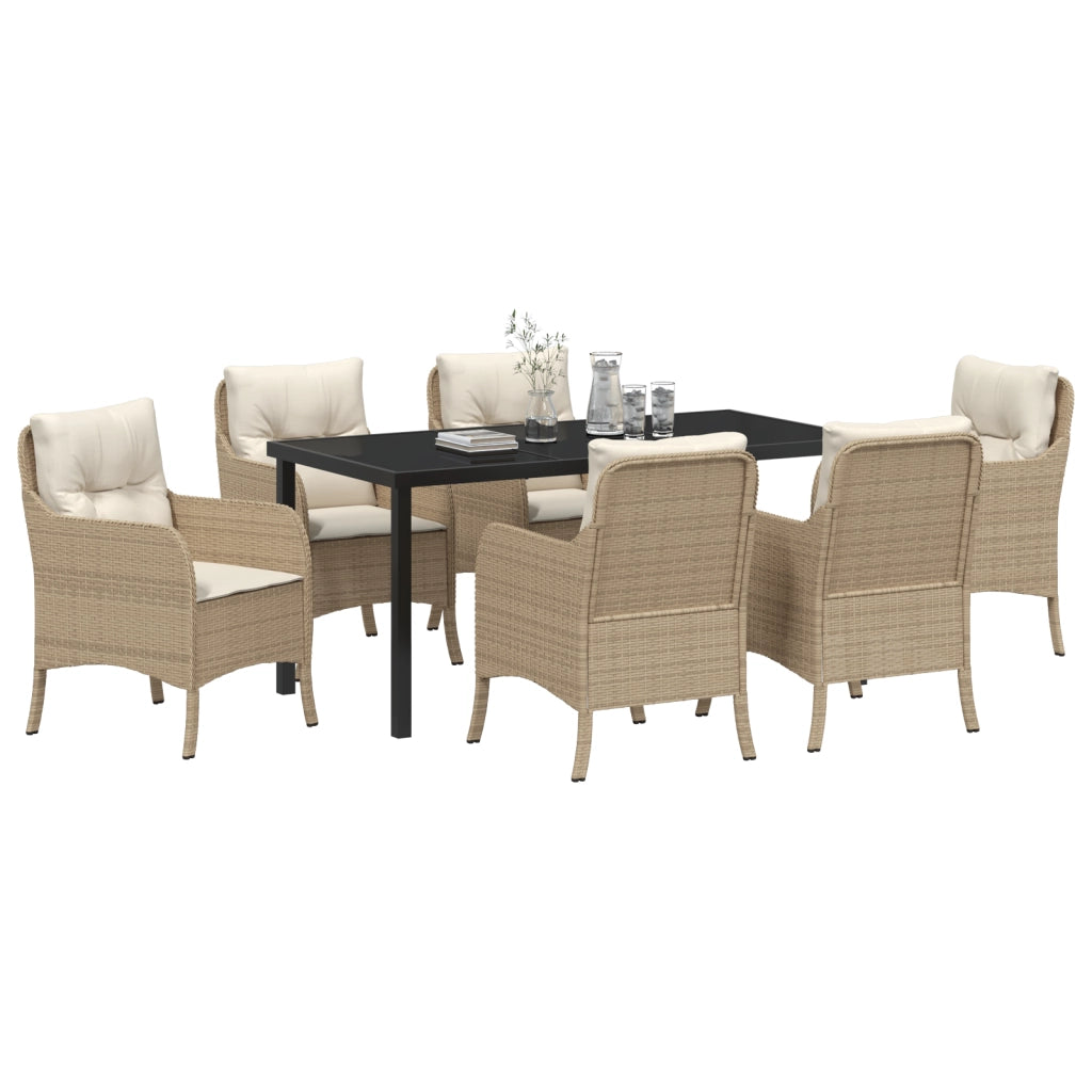 Set da Pranzo da Giardino 7 Pezzi con Cuscini Beige in Polyrattan