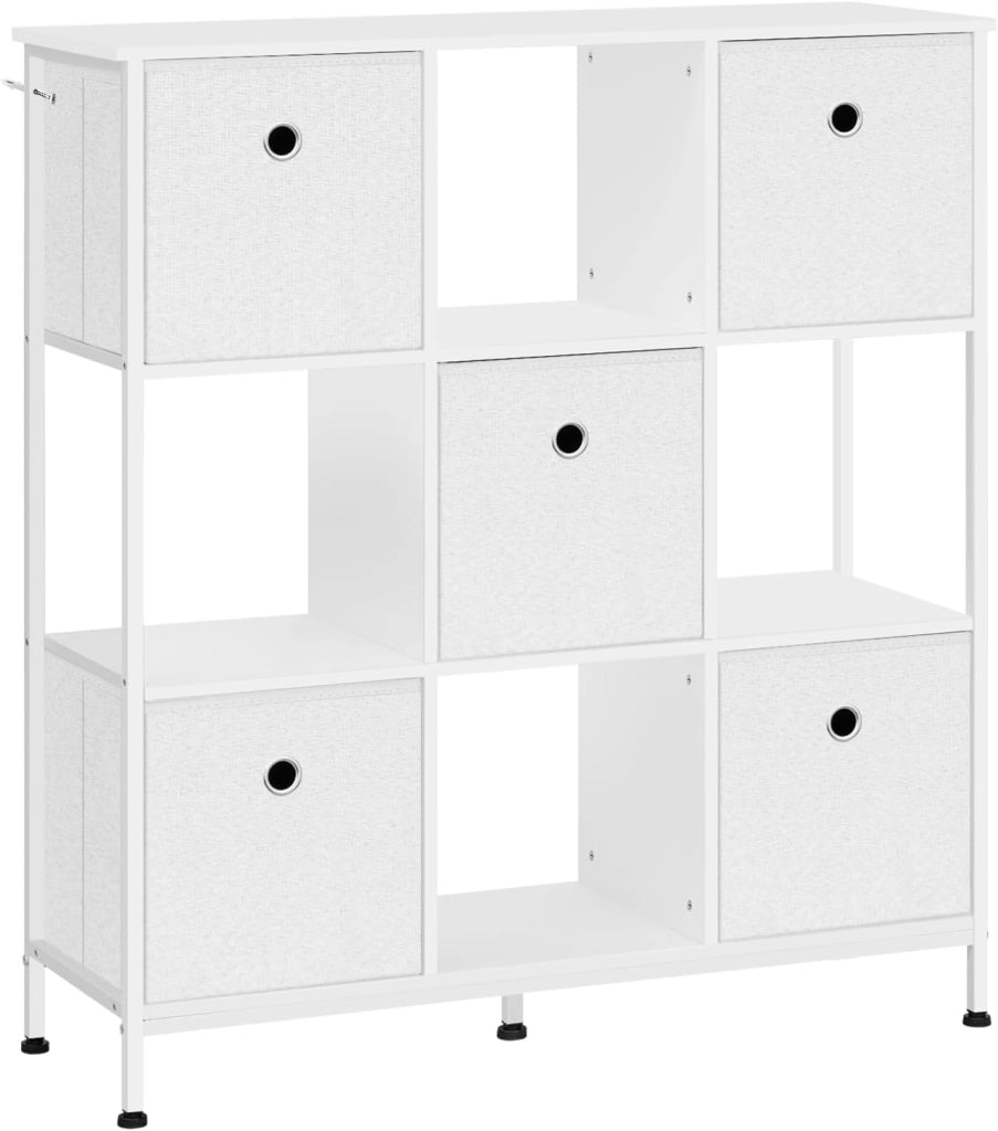 Scaffale per Libri, Scaffale con 4 Cubi Aperti e 5 Cassetti in Tessuto non Tessuto, Unità di Stoccaggio Industriale per Soggiorno/Camera da Letto/Ufficio, Legno Ingegnerizzato, RGB64vbn