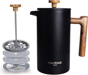 Caffettiera francese per 1 litro / 8 tazze, con teiera doppia a isolamento e tostapane, macchina per caffè con filtro a mano e manico di legno, manuale (nero)