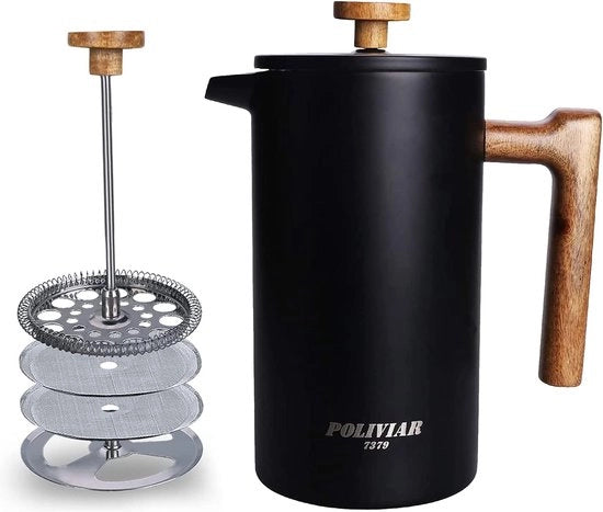 Caffettiera francese per 1 litro / 8 tazze, con teiera doppia a isolamento e tostapane, macchina per caffè con filtro a mano e manico di legno, manuale (nero)