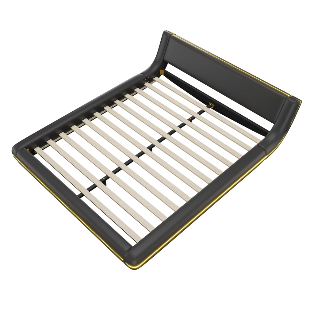 Letto basso matrimoniale 160×200 cm a pavimento con LED regolabile; senza materasso; PU e MDF; nero