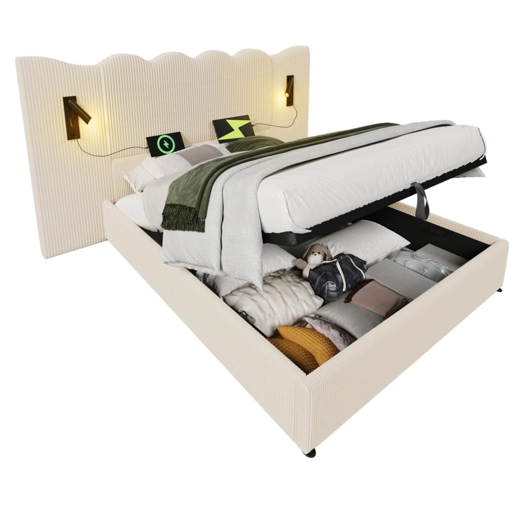 Letto matrimoniale 180x200 cm con testiera ondulata in tessuto corduroy beige; lampada integrata e contenitore