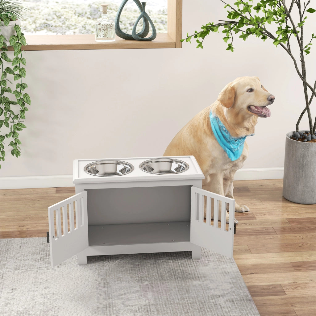 Stazione di alimentazione rialzata per cani di taglia grande con 2 ciotole in acciaio inossidabile e vano di stivaggio ¨C Minimal ¨C Bianco 35.5x60x30 cm
