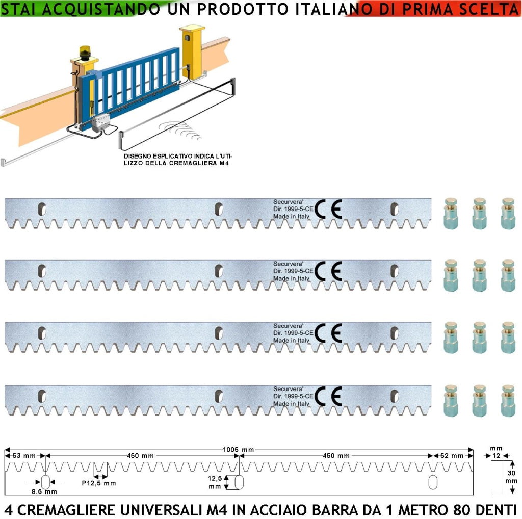 Cremagliera Universale M4 Quattro Moduli da 1 MT Con 80 Denti in Acciaio Zincato 12X30 mm Portata Garantita 22 Q.li Max 30 Q.li Fissaggio 3 Bulloni x Metro Per Cancello Scorrevole Giunture a Contatto