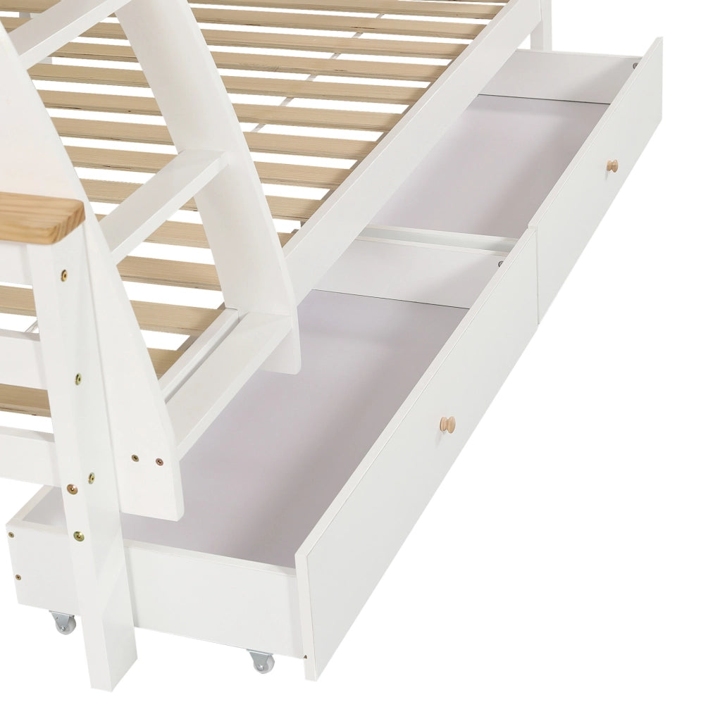 Letto a castello per ბავშვi con 2 cassetti su ruote; scala inclinata e tetto; 90x200 cm; bianco e naturale