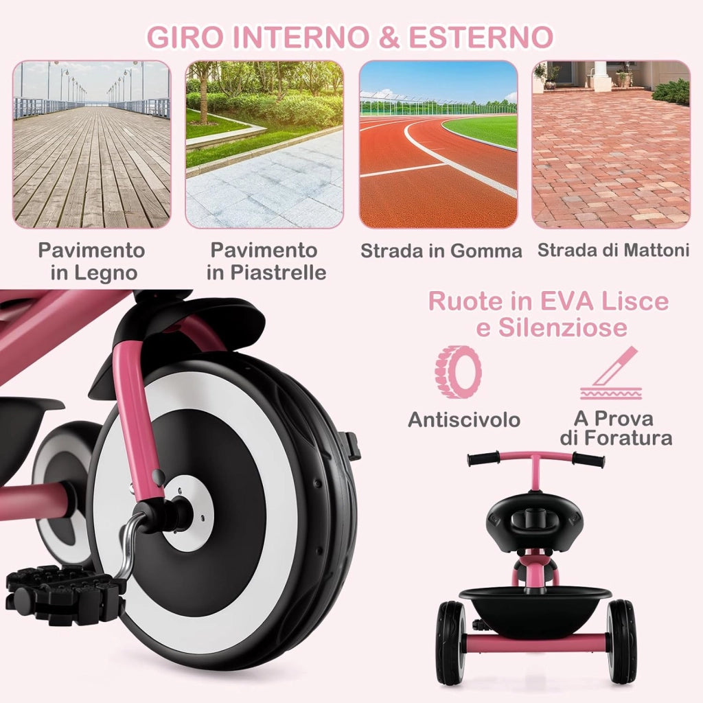 Triciclo per Bambini, Trike con Sede Regolabile Cestini Anteriori e Posteriori, Bicicletta a 3 Ruote con Telaio in Ferro Carbonioso di Alta Resistenza, per Bambini 1,5-5 Anni (Rosa)