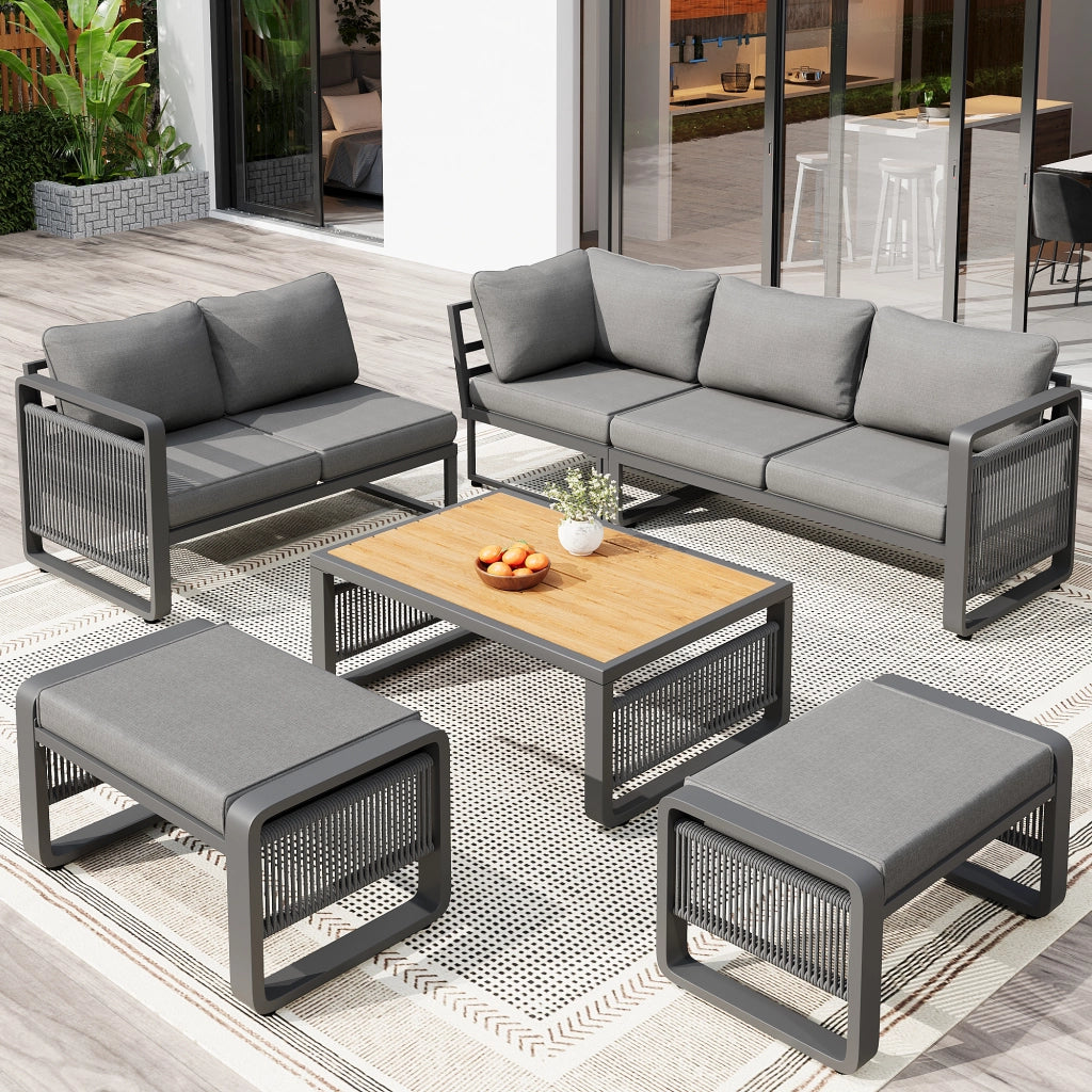 Set poltrona per mobili da giardino set per 6-7 persone divano da giardino in corda intrecciata a mano set d'angolo e poltrona impermeabile in ferro con cuscini morbidi per sedile e schienale gambe regolabili grigio
