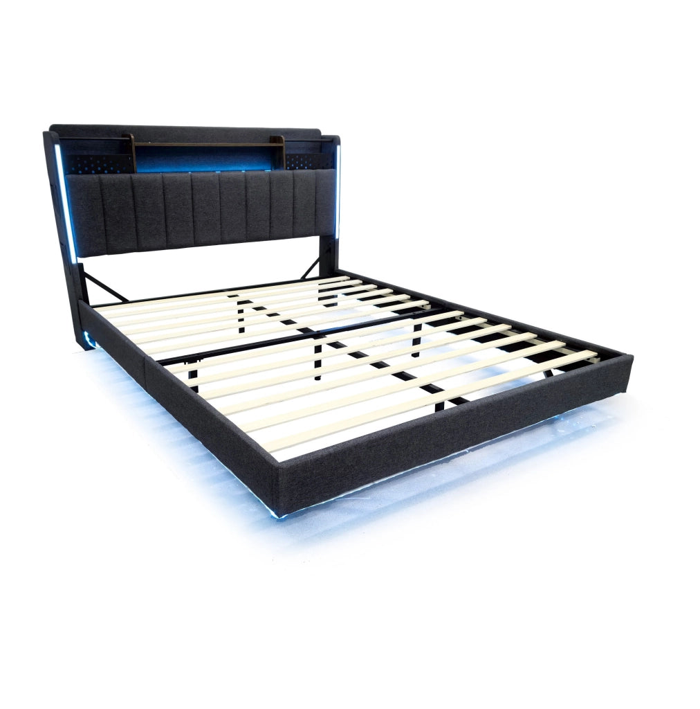 Letto imbottito 160x200 cm con LED; USB e contenitore nella testiera; grigio