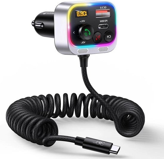 Adattatore auto Bluetooth 5.3 66 W PD QC 3.0 caricatore USB-C con cavo spirale, ricevitore FM a radio FM a bassa frequenza con microfono forte e alta qualità audio handsfree con interruttore di luce