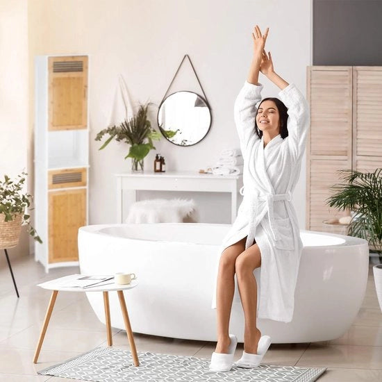 Cassa da bagno con 2 porte e 1 cassetto - Legno e bambù - 180 x 39 x 30 cm - Cassetto per la stanza da bagno - Bianco e marrone