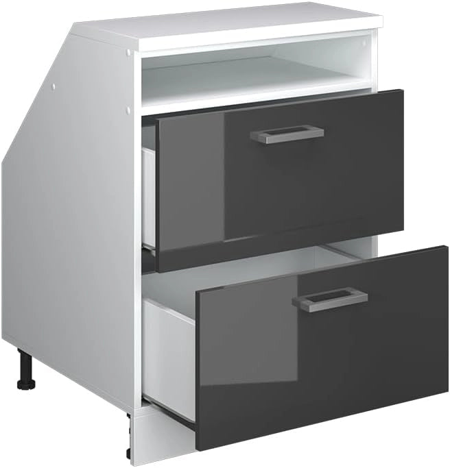 Mobile sottotetto Rion, Antracite lucido, 60 x 81.6 cm con 2 cassetti, carcassa 60 cm profondità, adatto per il salvaspazio sotto tetti spioventi