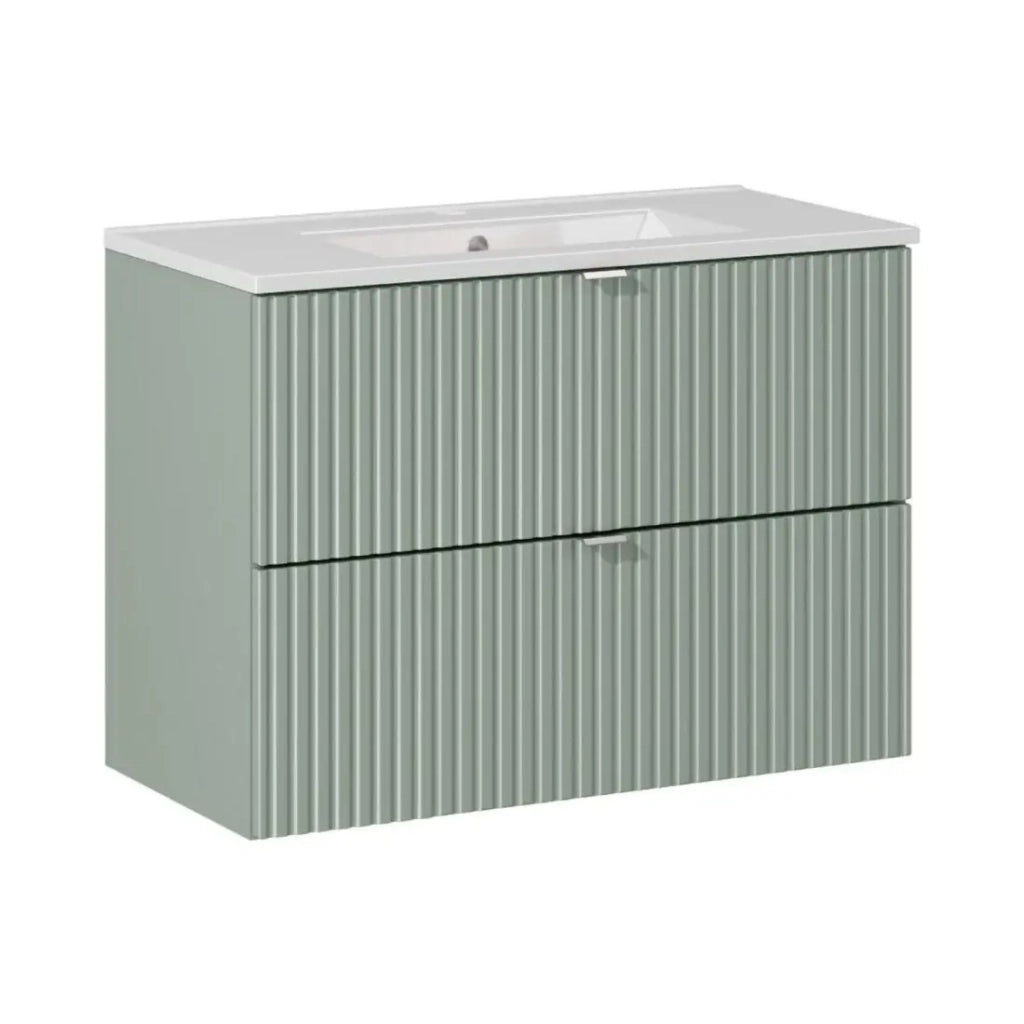 Set da bagno sospeso ELVINA 80cm: mobile sotto lavabo con cassetti verde salvia grigio + lavabo incassato bianco