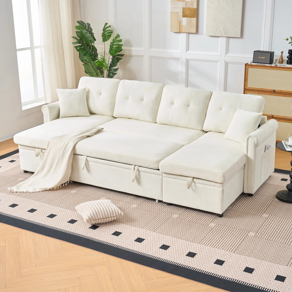Divano panoramico a U con funzione letto e contenitore doppio tasca laterale cuscini in chenille beige