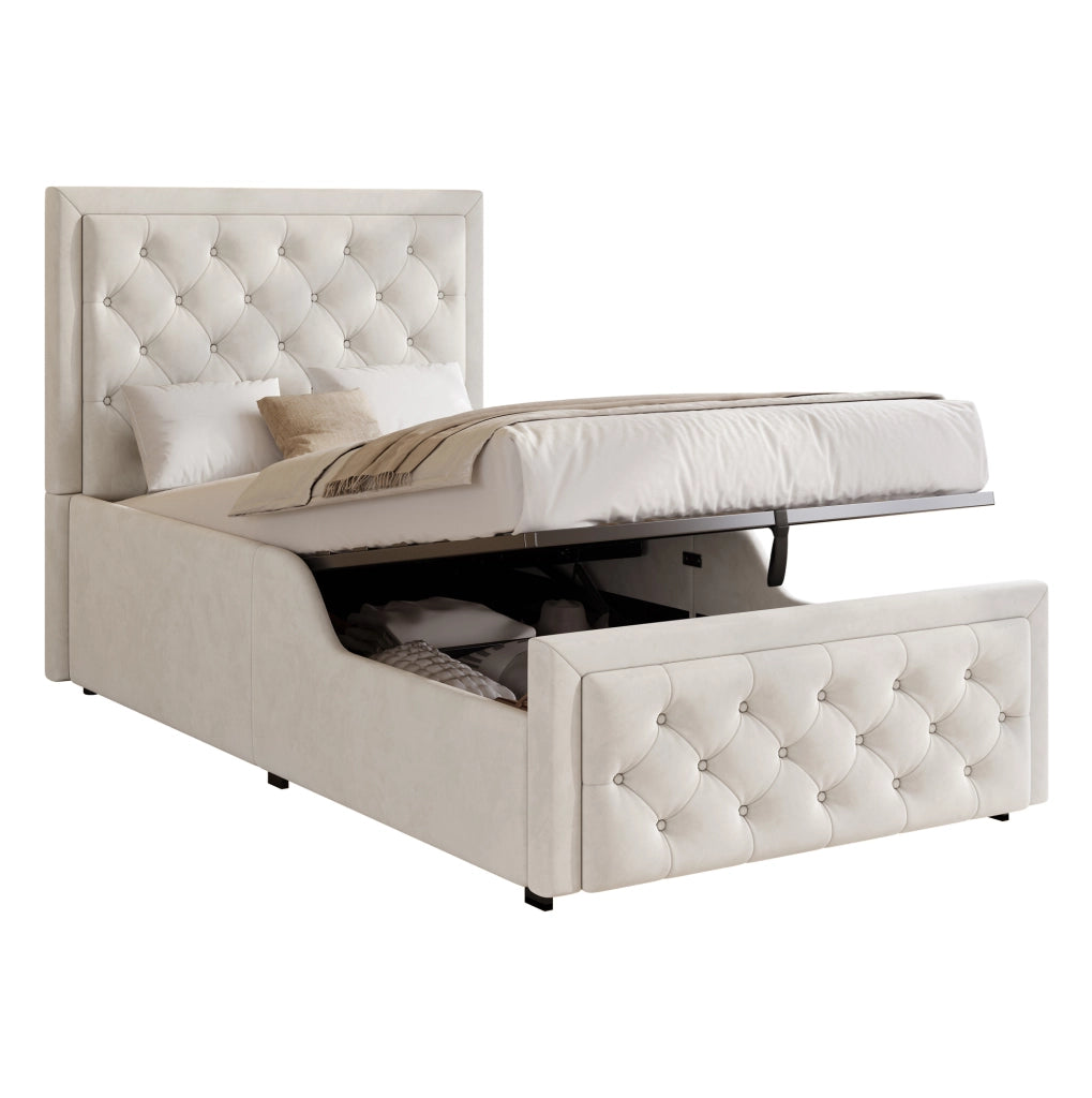 Letto singolo per bambini 90x200 cm con contenitore; velluto beige