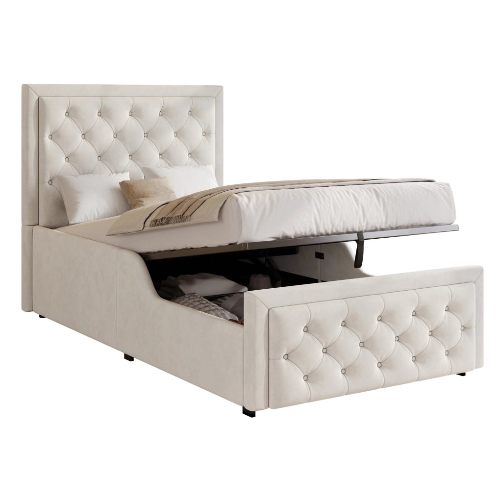 Letto singolo per bambini 90x200 cm con contenitore; velluto beige