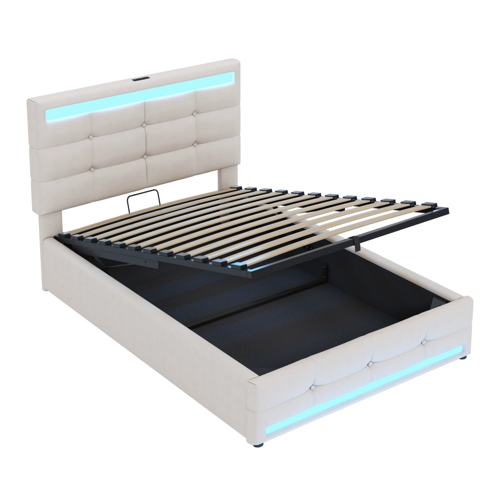 Letto imbottito 90x200 con LED RGB, 2 porte USB, testiera regolabile e struttura contenitore