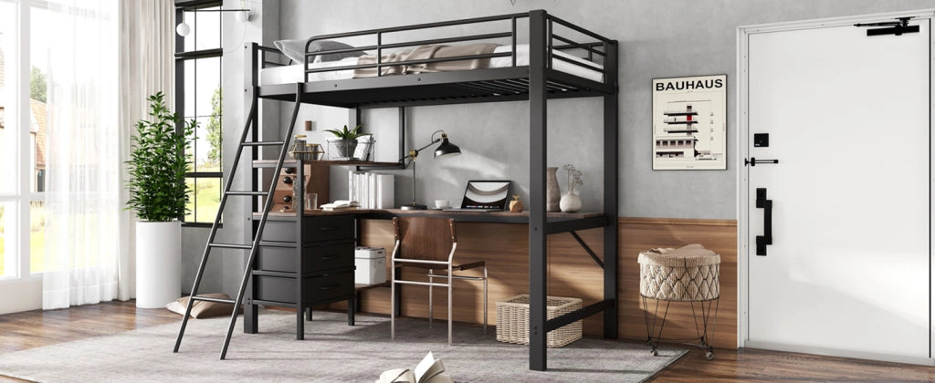 Letto a castello in metallo con scrivania da 2 m; 3 cassetti; scala inclinata a 4 gradini e doghe; nero; 90x200 cm