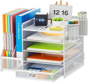 Organizzatore di Scrivania con Supporto per Cartelle - Accessori Scrivania Multifunzionali - Bianco - Tessuto a Maglia