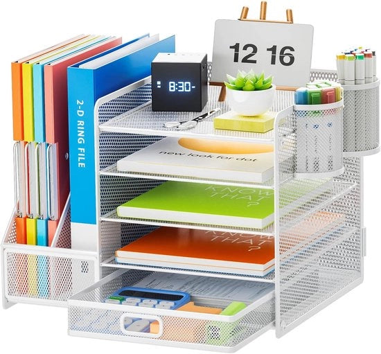 Organizzatore di Scrivania con Supporto per Cartelle - Accessori Scrivania Multifunzionali - Bianco - Tessuto a Maglia