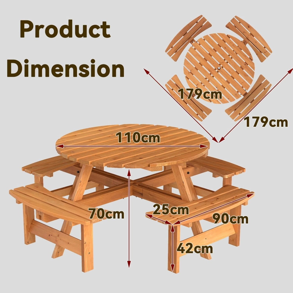 Set da Giardino per 8 Persone in Legno di Abete, Tavolo con Sedie Integrato e Foro per Ombrellone, Mobili da Esterno per Terrazza, Cortile e Pic-Nic, 178 x 70 cm