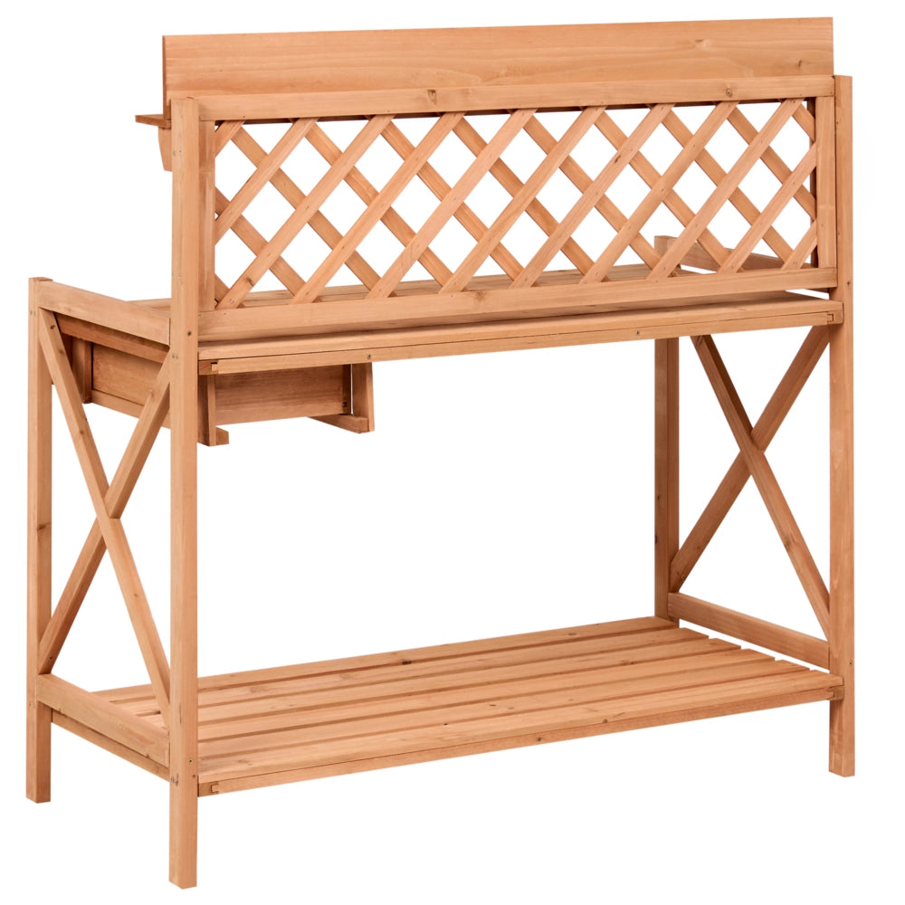 Tavolo da giardinaggio in legno di abete marrone chiaro con ganci in acciaio e cassetto, per riporre gli attrezzi da giardino, in stile rustico