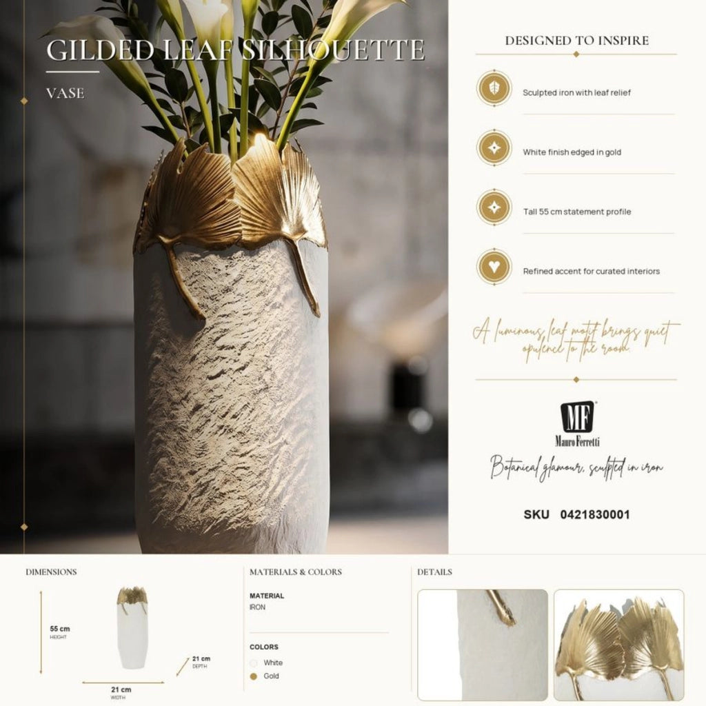 Vaso decorativo slanciato in ferro bianco e foglie oro