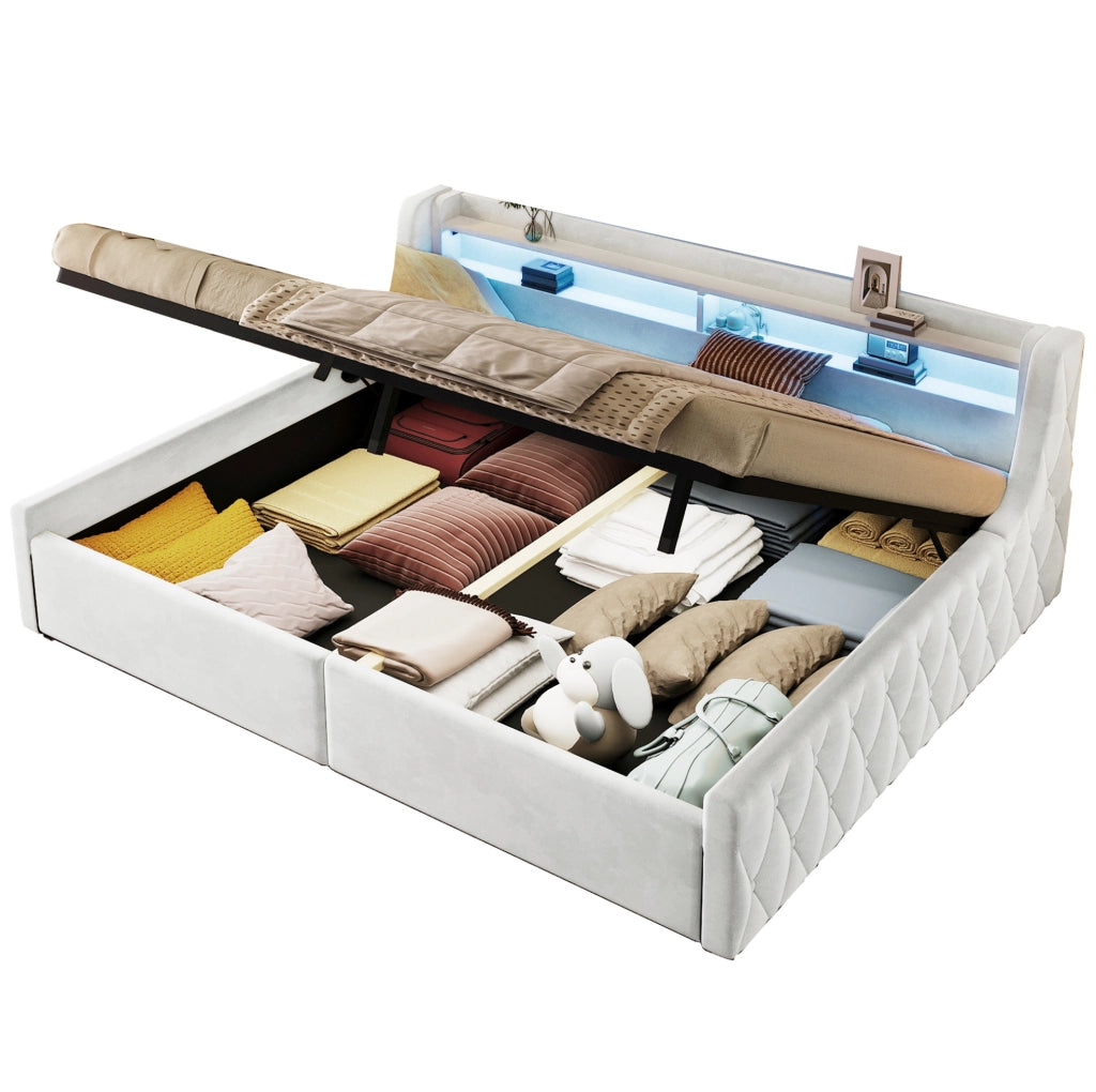 Letto imbottito 140x200 cm con LED e vano contenitore