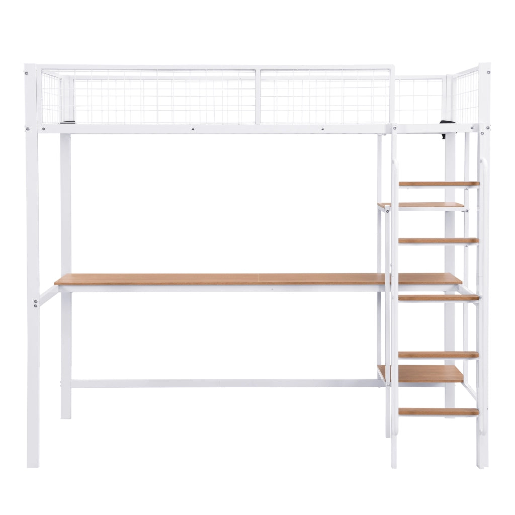 Letto a Soppalco 90x200 cm - Scrivania; Mensole e Scala a 5 Gradini - Bianco Naturale