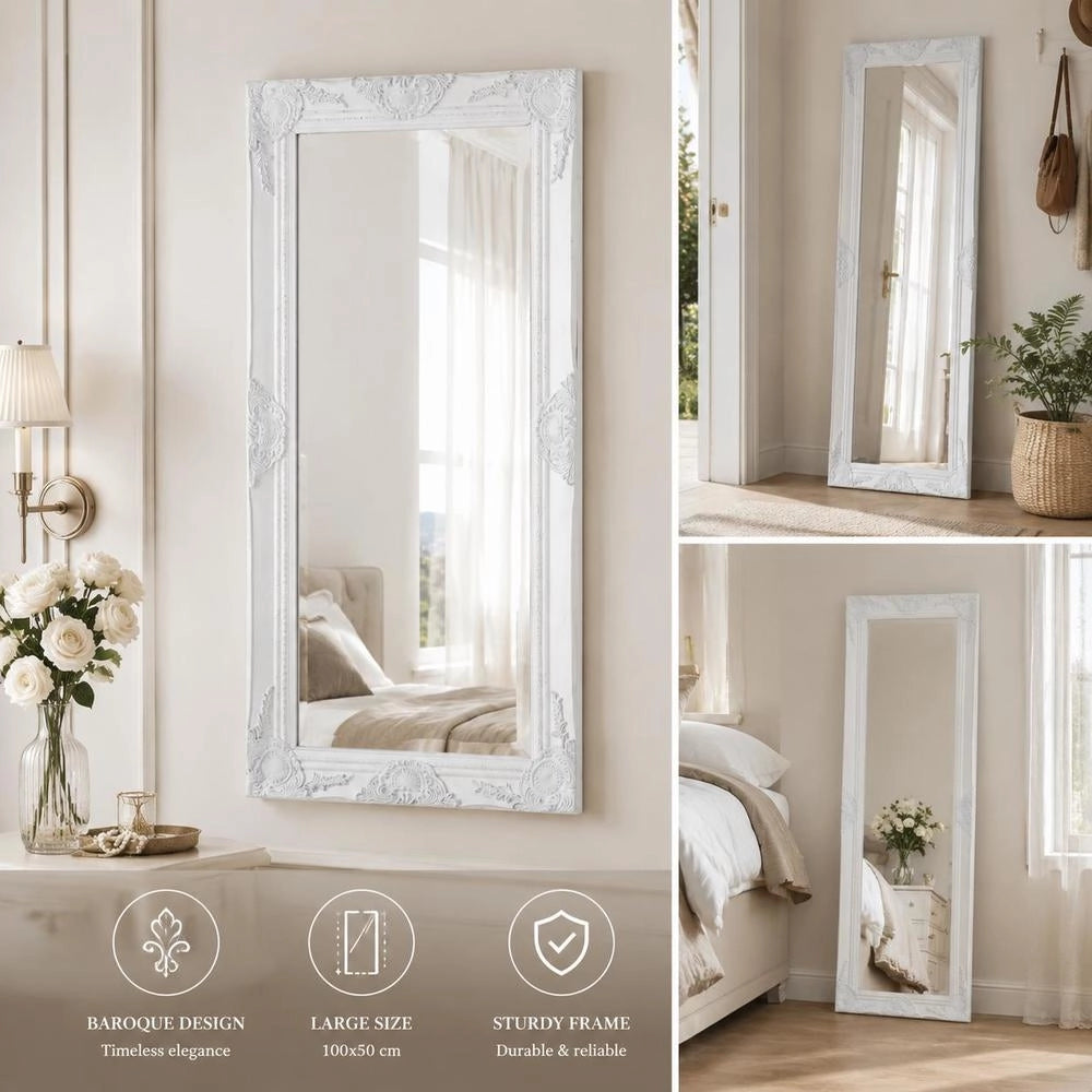 Baroque-style Wall Mirror, 100x50 Cm, White