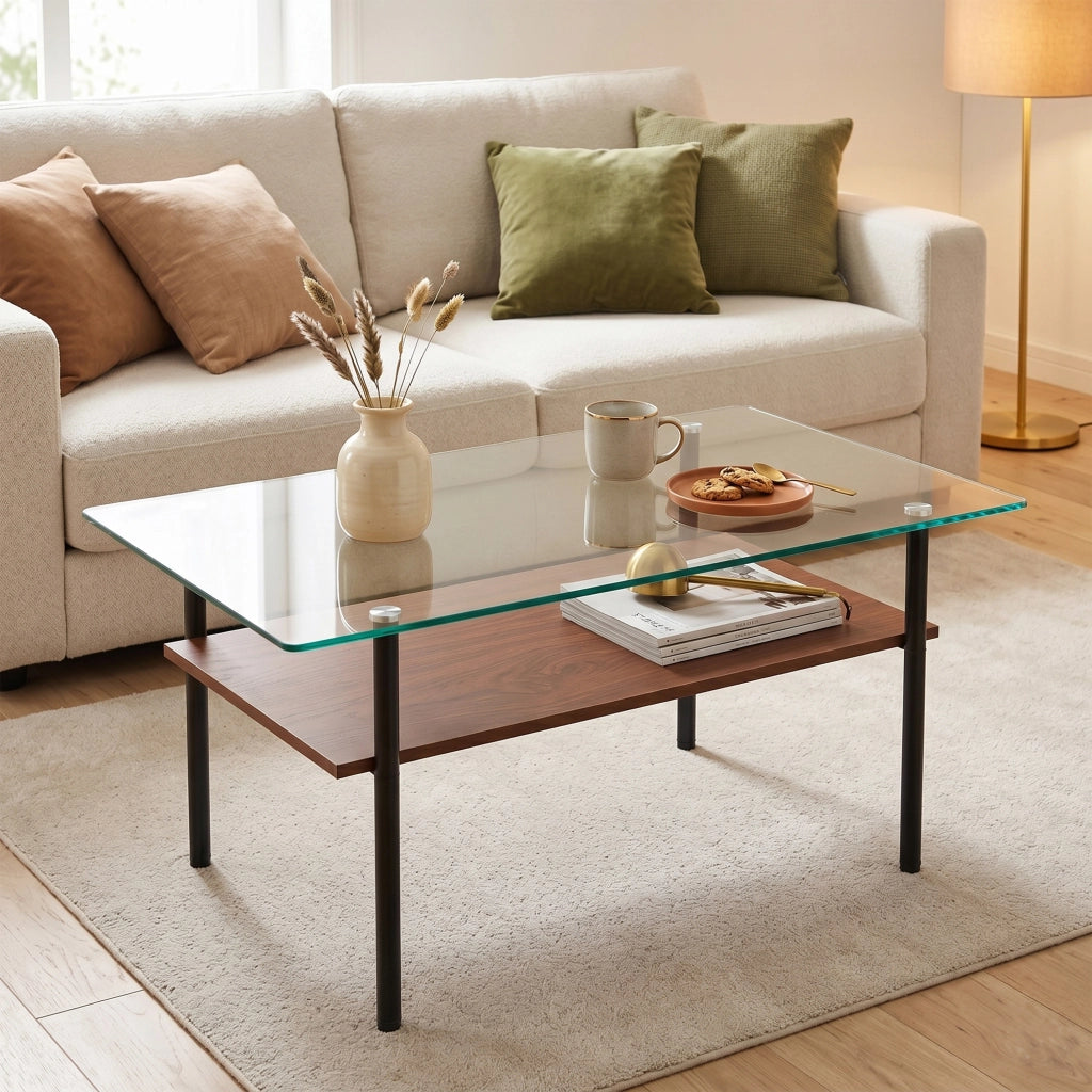Tavolino basso con piano in vetro temperato e ripiano in MDF, struttura in metallo, nero e marrone, 98 × 58 × 45 cm