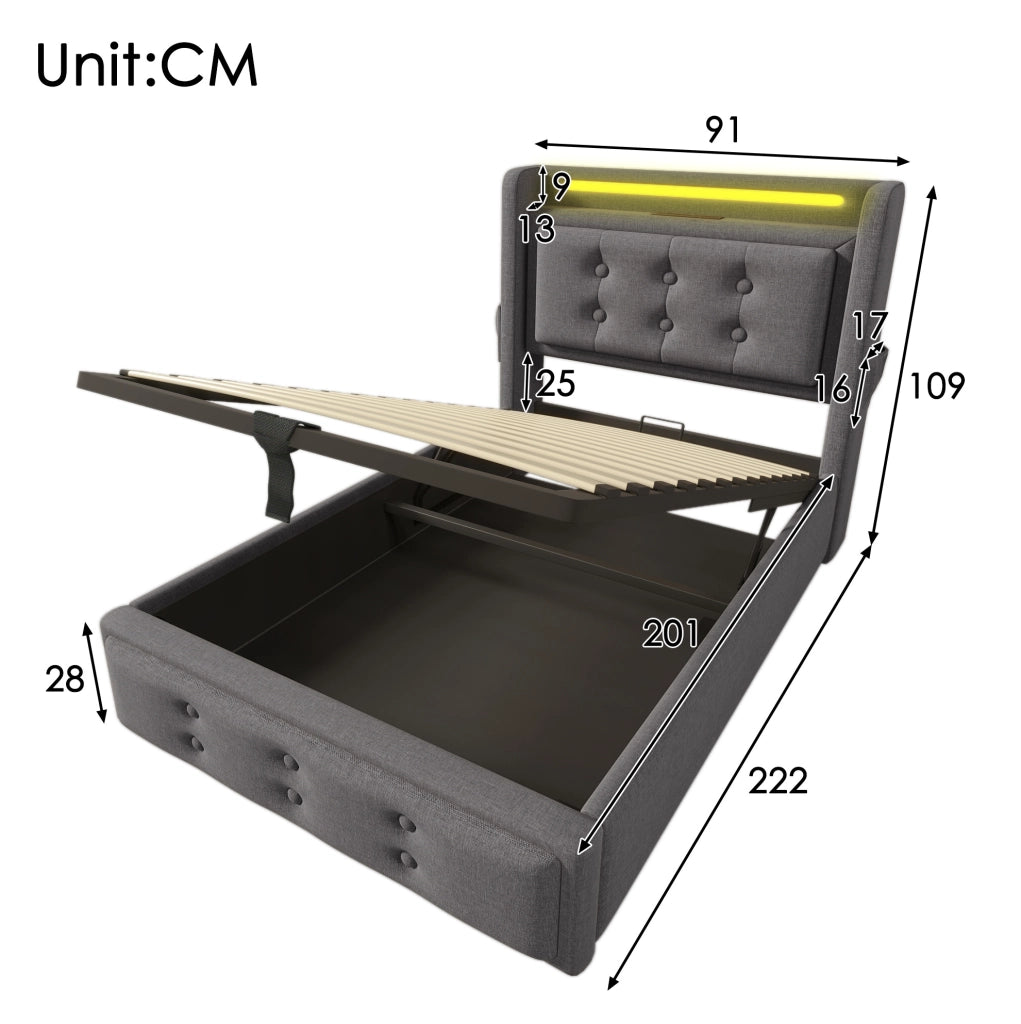 Letto imbottito 90x200 cm con LED; prese USB e Type-C; contenitore; cotone e lino; grigio