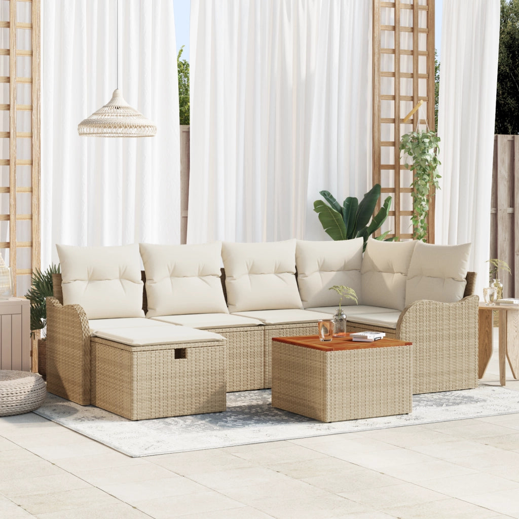 Set Divano da Giardino da 7 Pezzi con Cuscini Beige Polyrattan