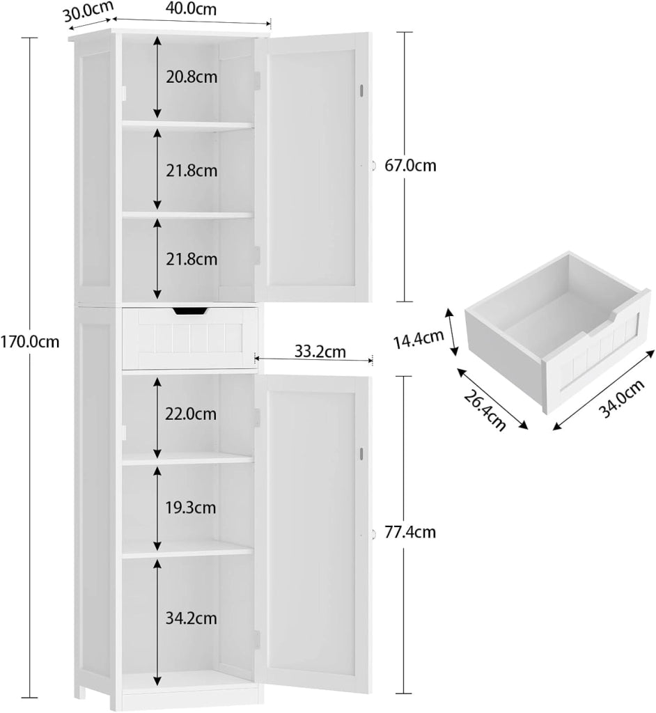Mobile da Bagno Salvaspazio Stretto e Alto con Cassetto, Armadietto Bagno Moderno 2 Ante + 1 Cassetto 40x30x170 cm, Bianco