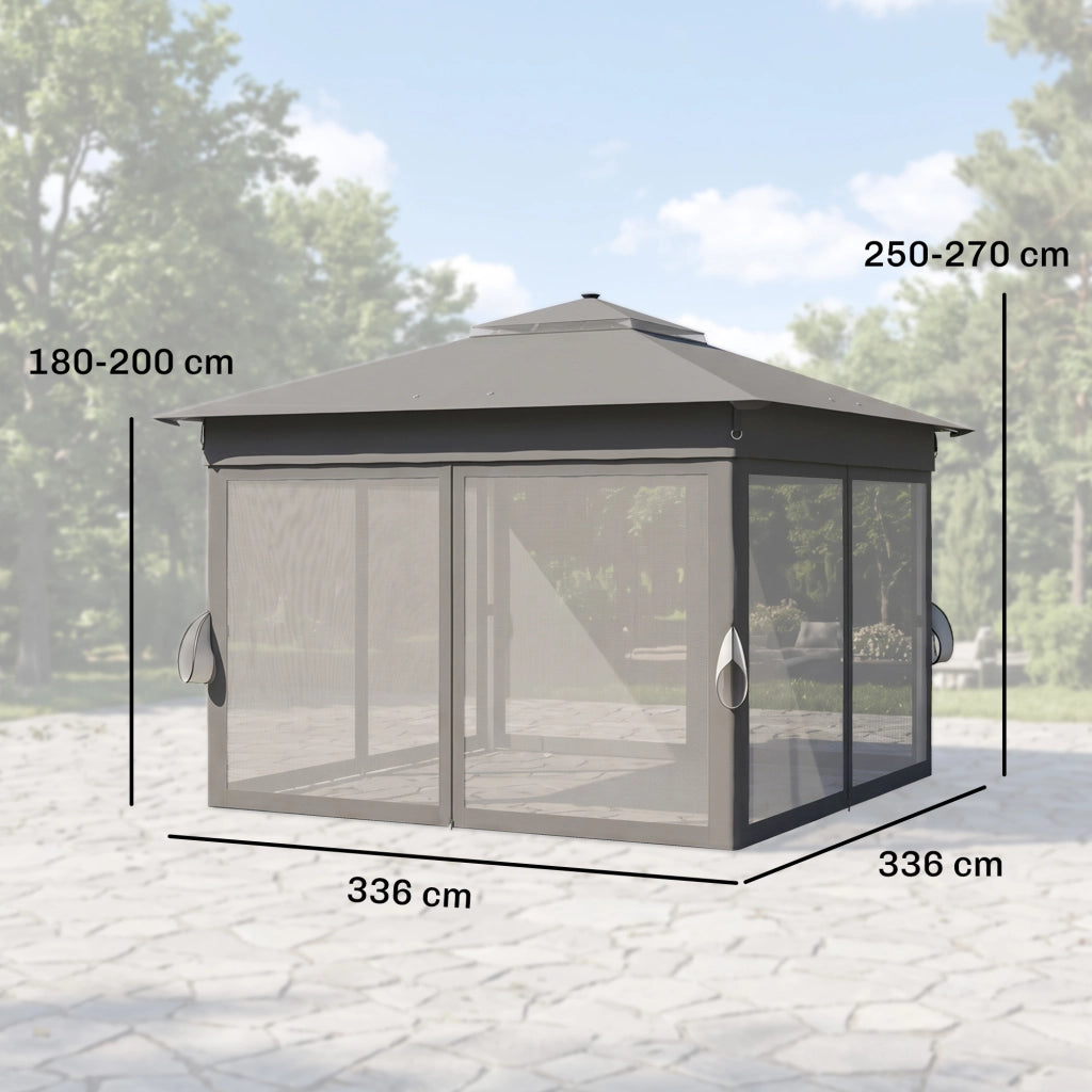 Gazebo da Giardino con Luci LED ¨C Xylo ¨C Acciaio Grigio Altezza Regolabile 336x336x250-270cm
