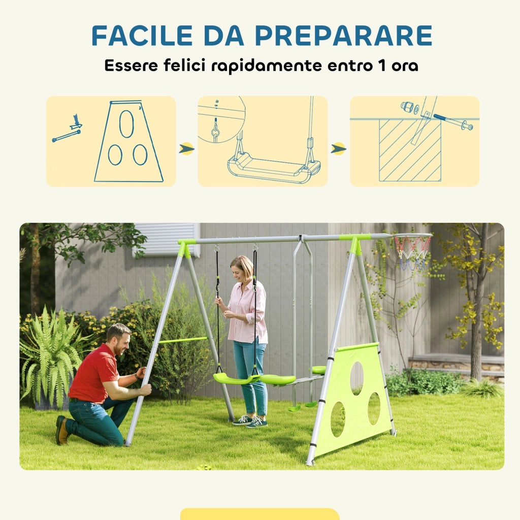 Gioco per Bambini 3 in 1 238x180x182 cm con 2 Altalene Canestro e Porta da Calcio Verde e Grigio