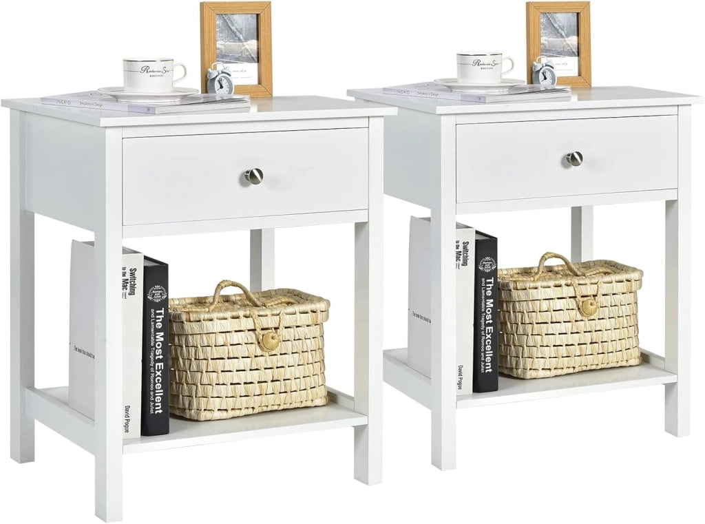 Comodino con cassetto, tavolino in legno, stile moderno, comodino a 2 livelli, con ripiano aperto, per camera da letto, soggiorno, 48 x 40 x 58 cm (bianco x 2)