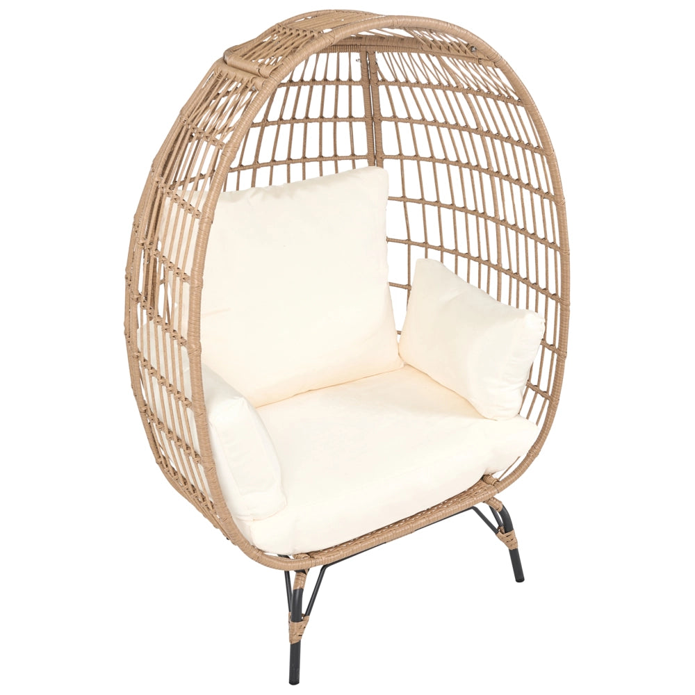 Poltrona da Giardino Boho in Rattan Naturale con Cuscini a Forma di Uovo Beige