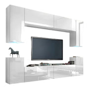 Set di mobili da soggiorno bianchi sospesi collezione CEPTO I 240cm, 8 porte, 6 scaffali, led.