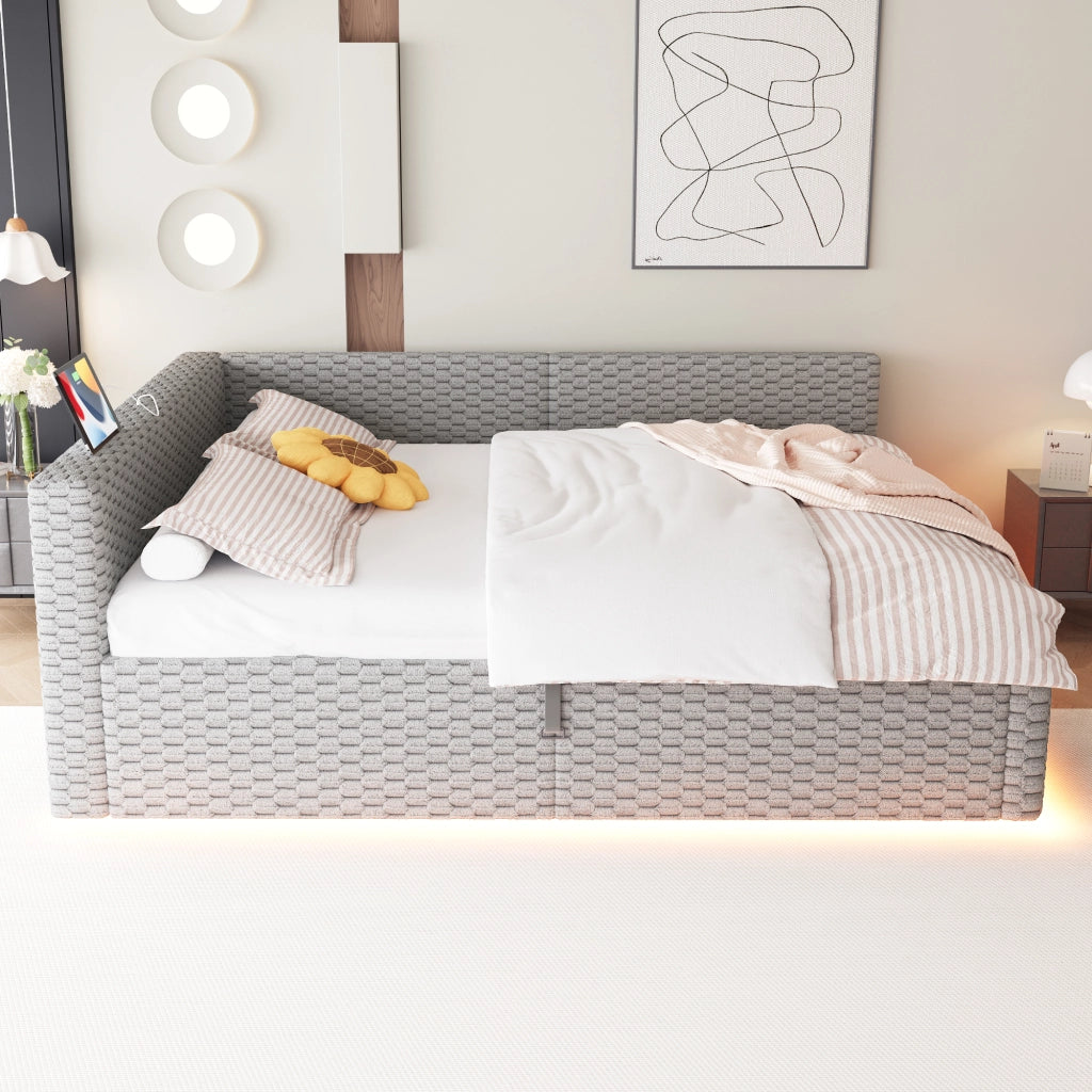 Letto divano contenitore 140 × 200 cm con LED, 2 USB e Type-C, senza materasso, in velluto, grigio