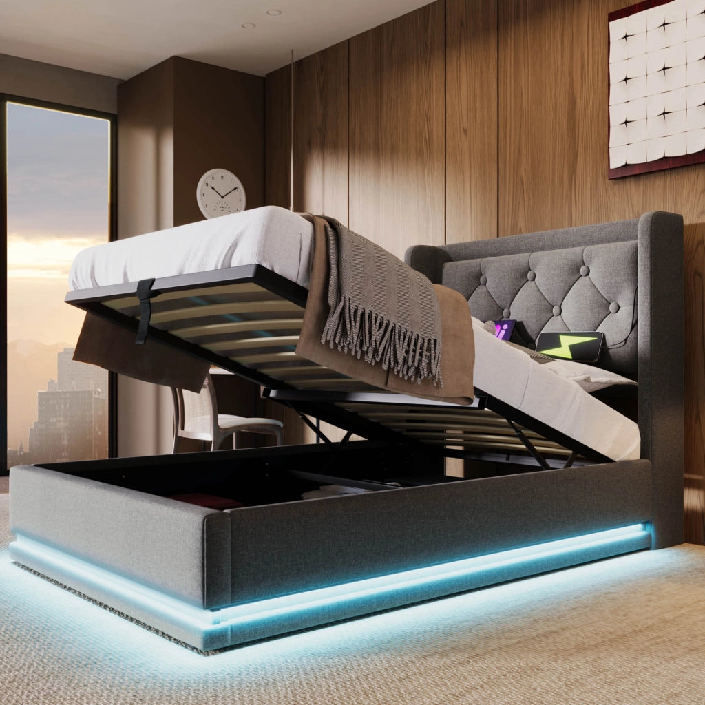 Letto imbottito contenitore 90x200 cm in cotone grigio con USB Type-C e LED