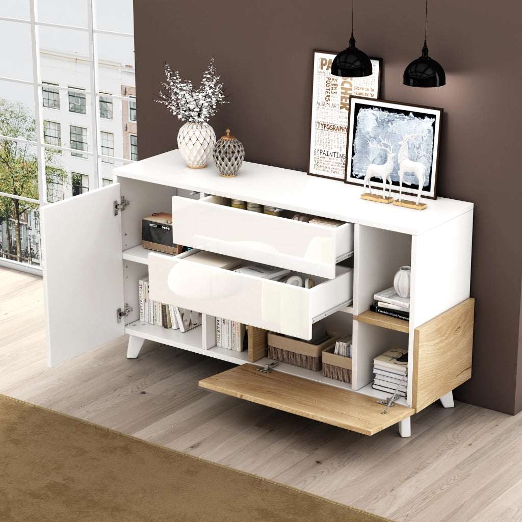 Credenza con 2 ante; 2 cassetti e ripiano regolabile per soggiorno 130x40x70 cm bianco rovere chiaro