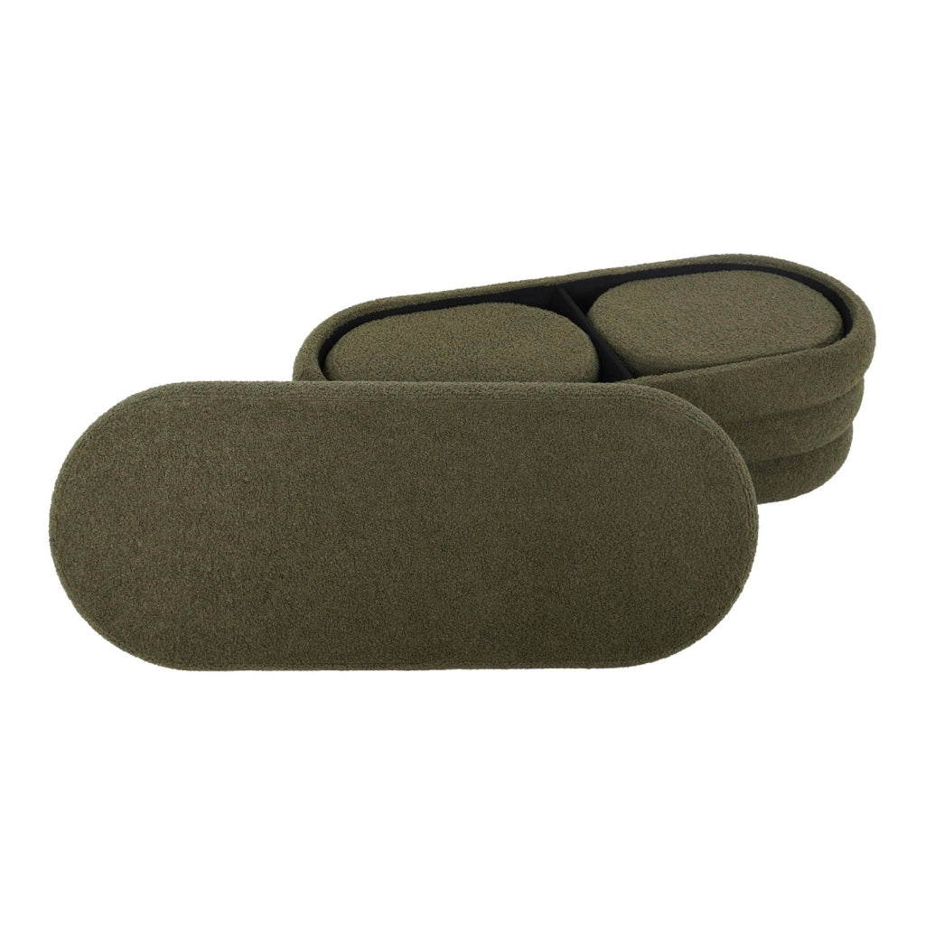 Panca contenitore con 2 pouf contenitori bouclé, verde kaki