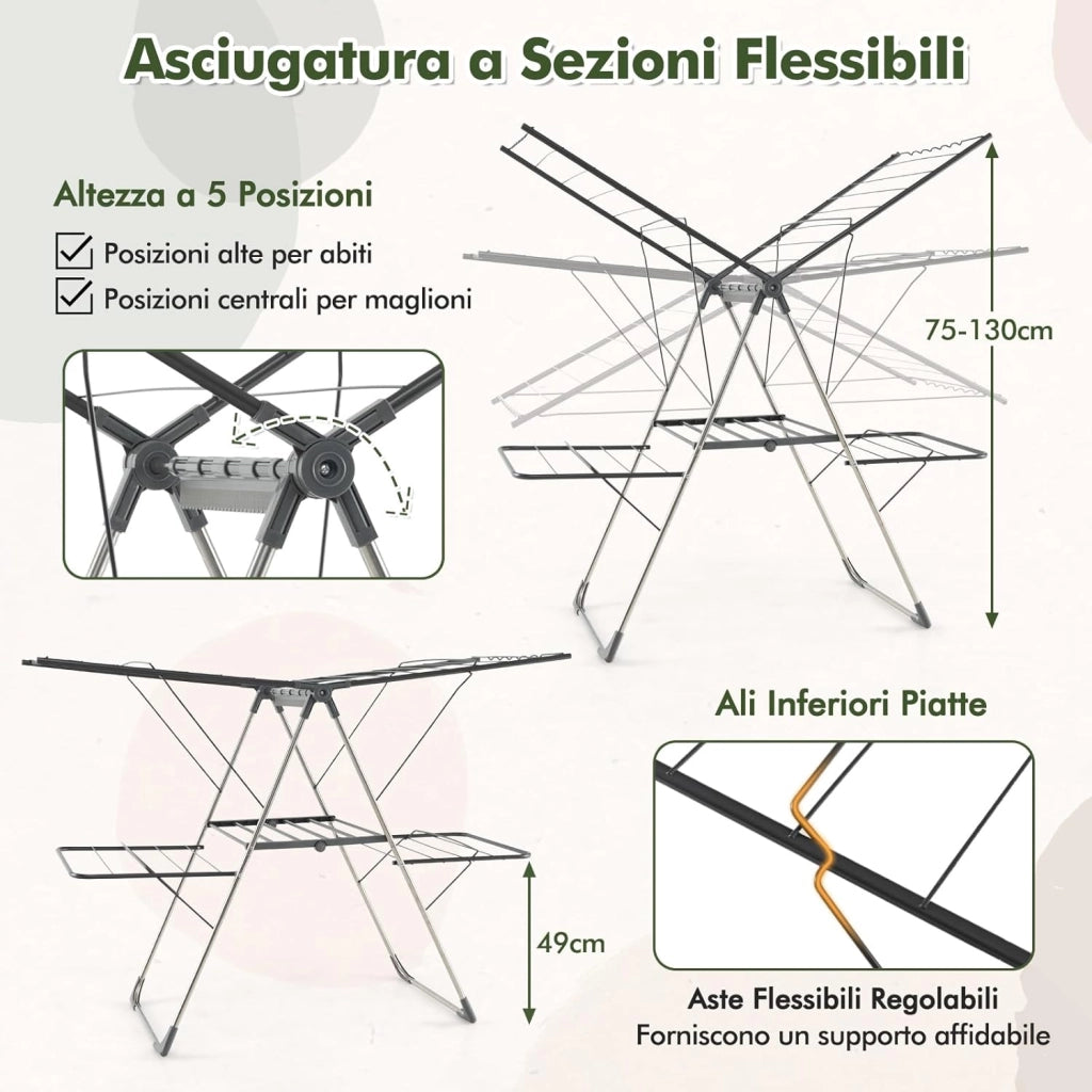Stendibiancheria da Pavimento a 2 Piani Pieghevole con Ali Regolibili, Stendino in Acciaio Inox con Antiscivolo, Stendi Biancheria Salvaspazio per Interno ed Esterno, 141 x 58 x 130 cm, Grigio