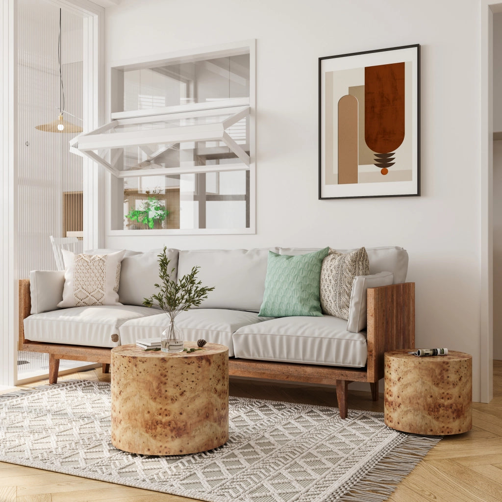 Tavolini bassi impilabili set di 2 in legno e MDF con venatura naturale per soggiorno camera da letto colore naturale