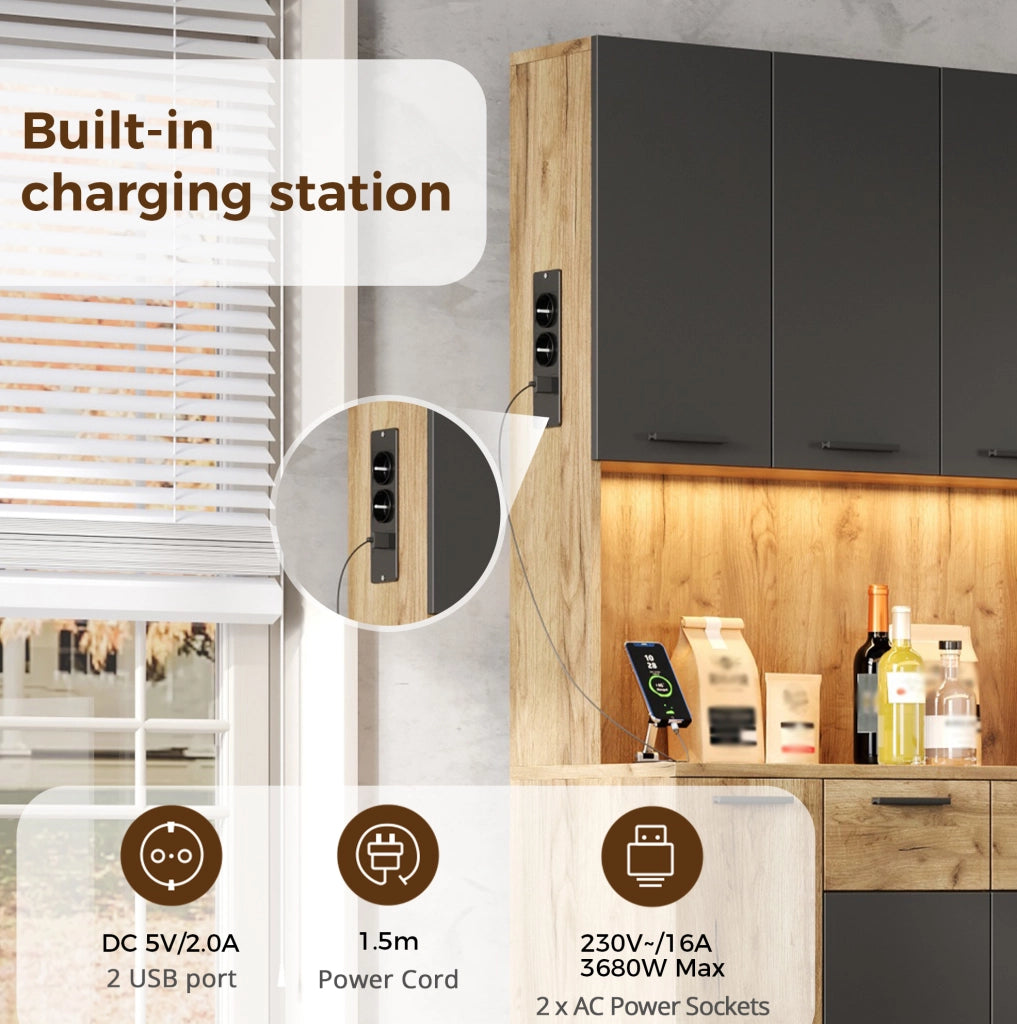 Credenza cucina multifunzione 100x40x180 cm in MDF nero e naturale con LED; prese e ripiani regolabili