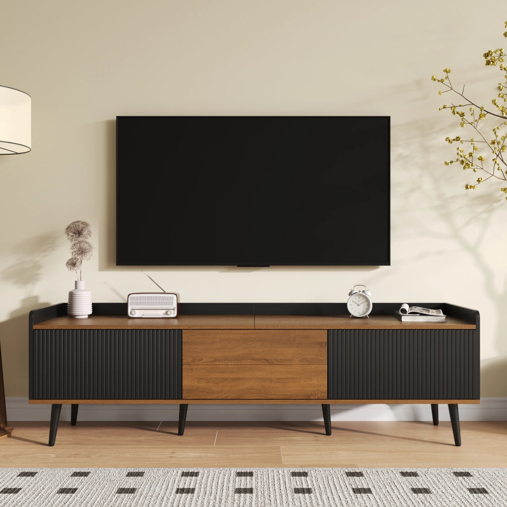 Mobile TV con 3 Ante; Bordo Rialzato e Dispositivo Antiribaltamento; per Soggiorno; in MDF; 160 × 39 × 49.5 cm; Nero e Naturale