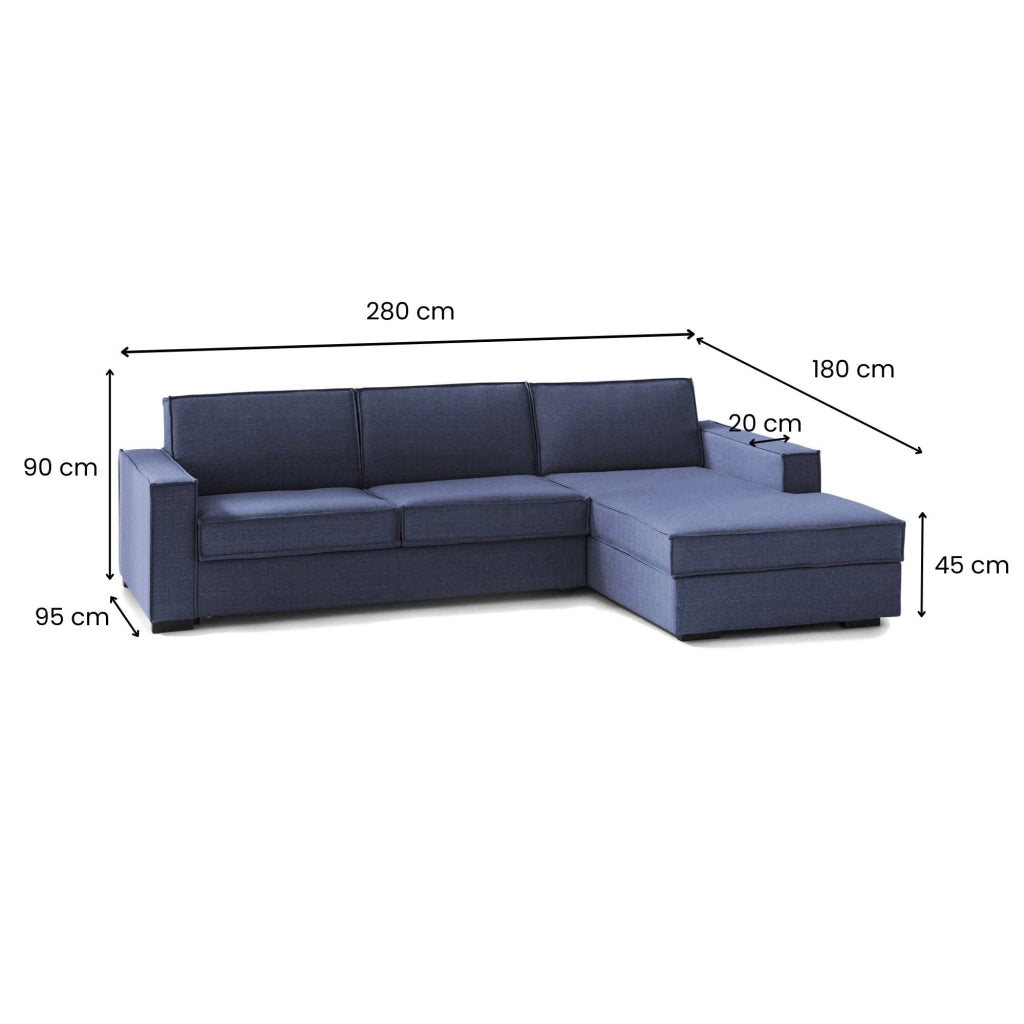 Achico, Divano Letto con Penisola Sfoderabile Made in Italy, 280x95 cm blu