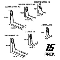 Set 15 ganci da garage per carichi pesanti, doppio braccio antiscivolo, dimensioni e forme diverse